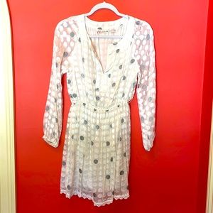 Ivory with gray and ivory dots dress with sheer sleeves and gathered waist.